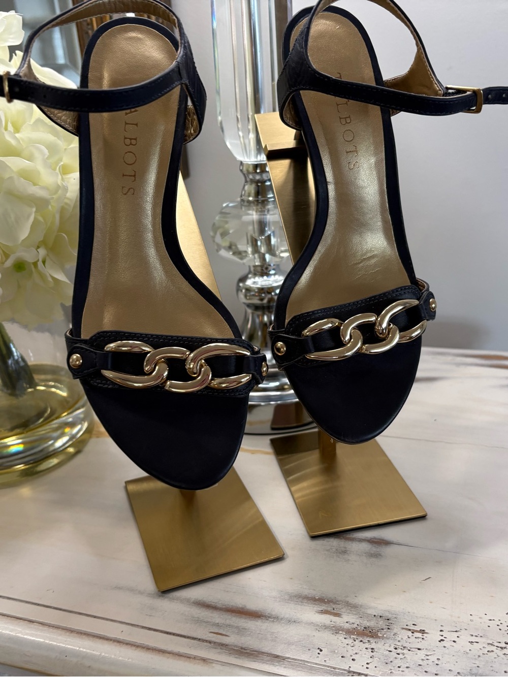 Talbots Black Ankle-Strap Sandals with Gold Chain Detail
